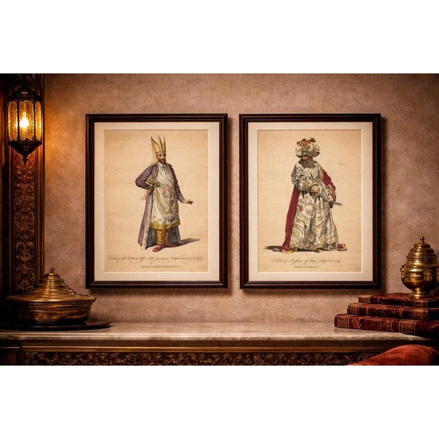Ottoman Court Figures, Hand-Colored Costume Engravings Pair, c.1749 : A refined and visually striking pair of 18th-century...