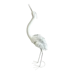Small White Lacquered Metal Statue of a Stork Looking Up and Front