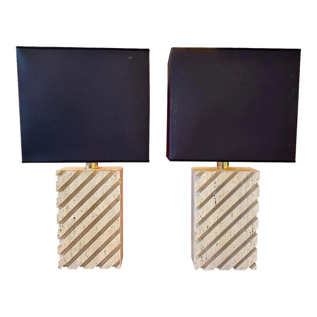 Vintage Italian Channel Carved Travertine Table Lamps - A Pair For Sale
