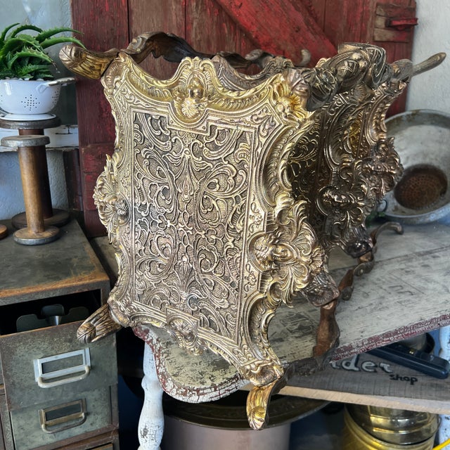 Brass Late 19th Century Ornate Brass 3-Tiered Plant Stand or Accent Table With Intricate Engraved Details For Sale - Image 8 of 17