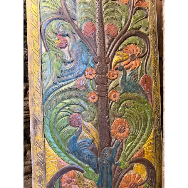 Vintage Hand-Painted Tree of Life Wood Wall Panel With Carved Peacock & Lotus Art 84x36 For Sale In Orlando - Image 6 of 7