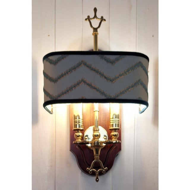1980s Vintage Wall Lamp with Mahogany Back Panel, Brass Frame and Fabric Shade, 1980s For Sale - Image 5 of 8