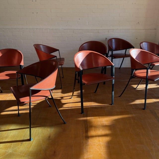 A wonderful set of 8 leather & metal Blenda Chairs designed by Robert Patio for Matteo Grassi designed in 1989 this...