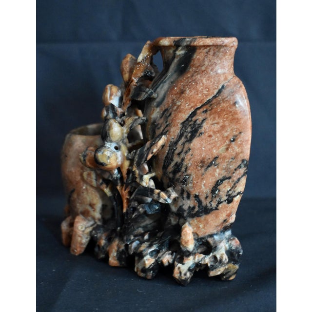 Antique Chinese Carved Soapstone Double Vase Floral Sculpture Pot Red Black For Sale - Image 11 of 14