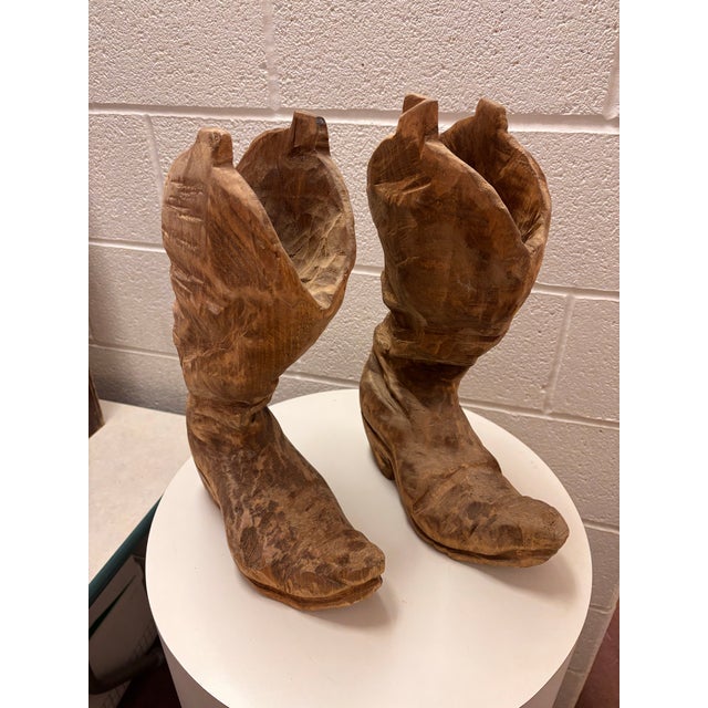 1970s 1970s Carved Cowboy Boots, Signed by Artist - Set of 2 For Sale - Image 5 of 6