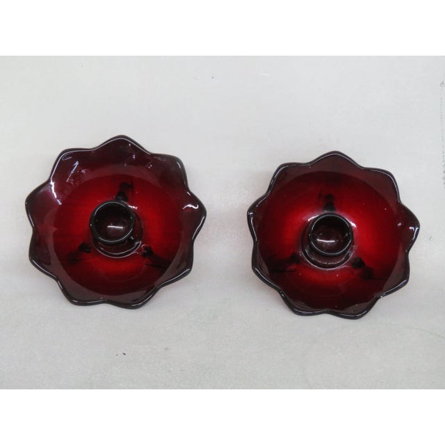 Mid 20th Century Fenton Style 3 Footed Ruby Red Glass Candle Stick Holders a Pair For Sale - Image 5 of 12