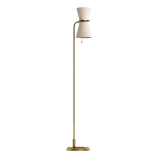Gable Floor Lamp, Antique Natural Brass with Oyster Shade For Sale