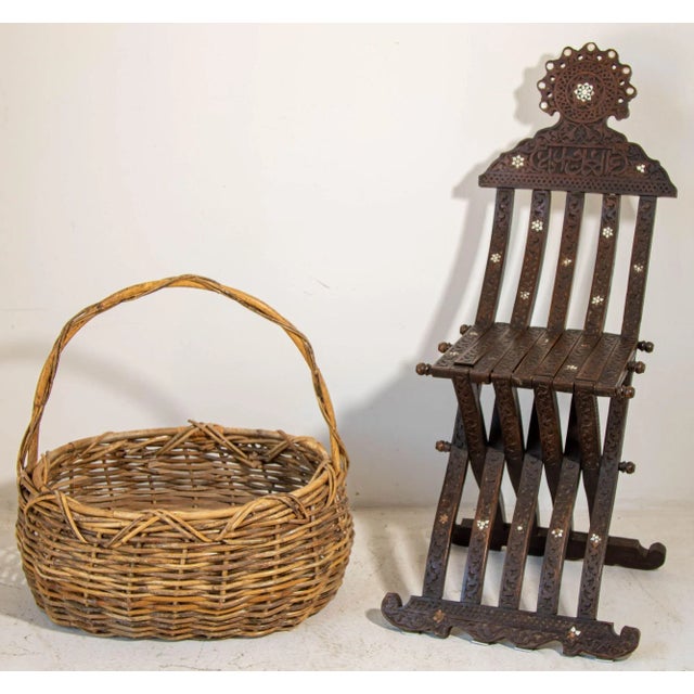 Farmhouse Large Antique French Provincial Grape Harvest Wicker Basket With Single Handle For Sale - Image 3 of 13