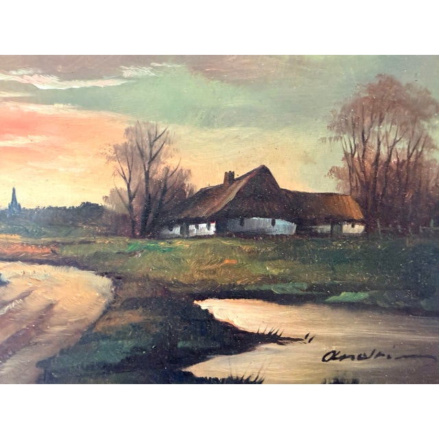 English Vintage Signed European Countryside Sunset Landscape Oil Painting in Wood Frame For Sale - Image 3 of 15