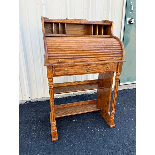 1980s Winners Only Petite Oak Roll Top Secretary Desk For Sale - Image 4 of 12