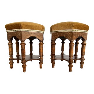 Vintage French Solid Wood Carved Upholstered Hexagonal Ottomans or Footstools - a Pair For Sale