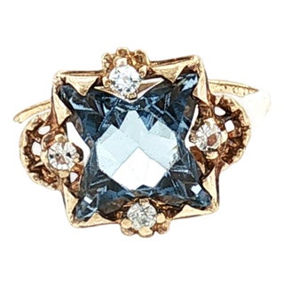 Mid-Century 10k Yellow Gold Synthetic Blue Spinel Birthstone Ring, Size 6.75 For Sale