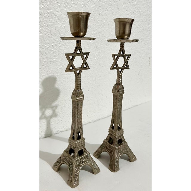 20th Century Charming Metal Eiffel Tower Star of David Judaica Candle Holders 9.5" X 2.5" X 2.5" These are unmarked. Not...