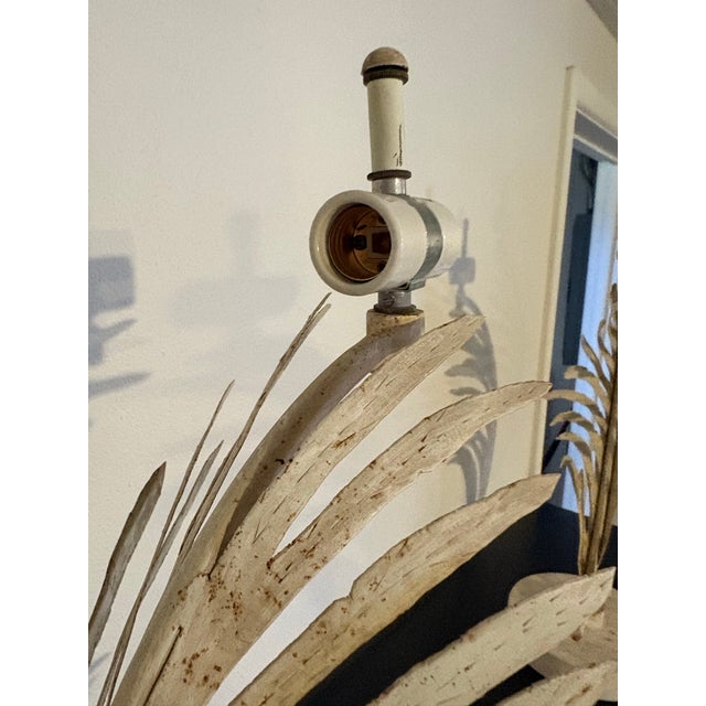 Hollywood Regency 1990s Fabulous Vintage Original Pair of Michael Taylor Metal Palm Leaf Lamps With Metal Shades Travertine Base For Sale - Image 3 of 12