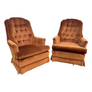 Pair of Vintage 1970s Swivel Rocker Chairs - Bronze Tufted Velvet (Kroehler/Middletown) For Sale