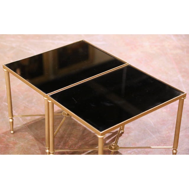 Mid-Century French Maison Baguès Style Black Glass Tops Brass Side Tables For Sale - Image 4 of 8