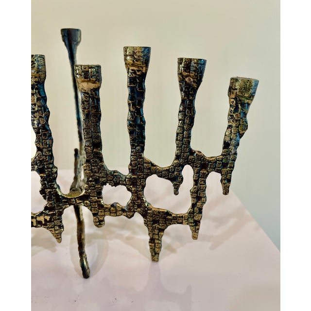 Metal Mid Century Brutalist Brass Menorah For Sale - Image 7 of 12