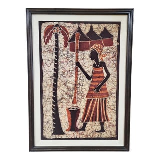 Vintage African 20th C Framed & Matted Batik Folk Art Painting on Cloth For Sale