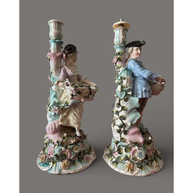 Antique Rococo Porcelain Figural Candlesticks from Sitzendorf, 1900, Set of 2 For Sale - Image 9 of 10