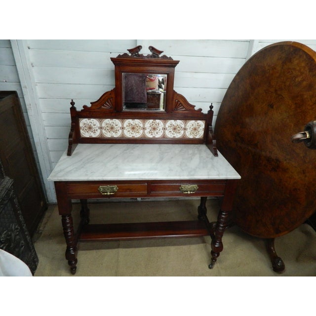 Antique Victorian Mahogany and Marble Wash Stand with Tiled Back Mirror & 2 Drawers For Sale - Image 14 of 18