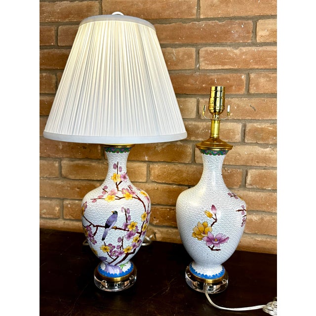 Pair of Cloisonné Birds Lamps on Lucite Paired With White Silk Pencil Pleated Shades. For Sale - Image 4 of 9