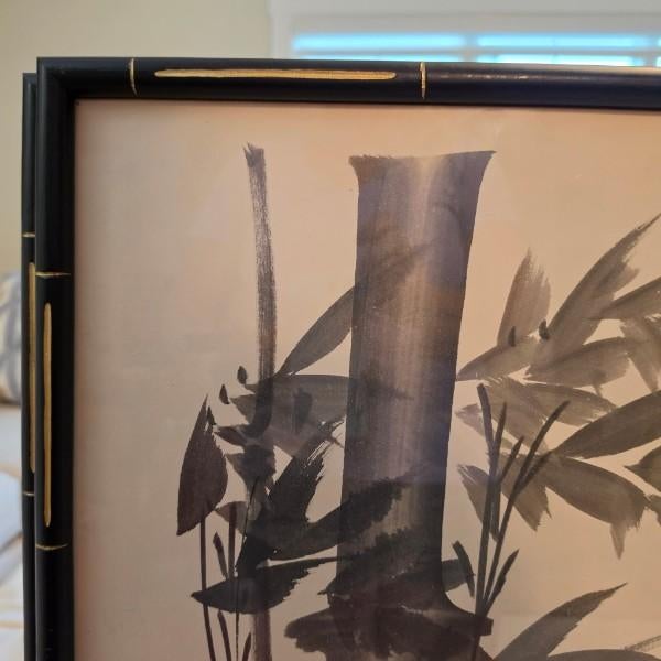 Orange Mid-Century Chinese Faux Bamboo Framed Art Panels - Pair - Hand-Painted Koi & Bamboo Chinoiserie Watercolor Panels For Sale - Image 8 of 13