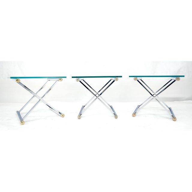 1970s Set of 3 Chrome X Bases Square Glass Tops Occasional Side End Lamp Tables For Sale - Image 5 of 11
