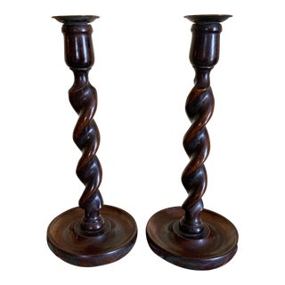 Antique English Victorian Oak Barley Twist Candlesticks- a Pair For Sale