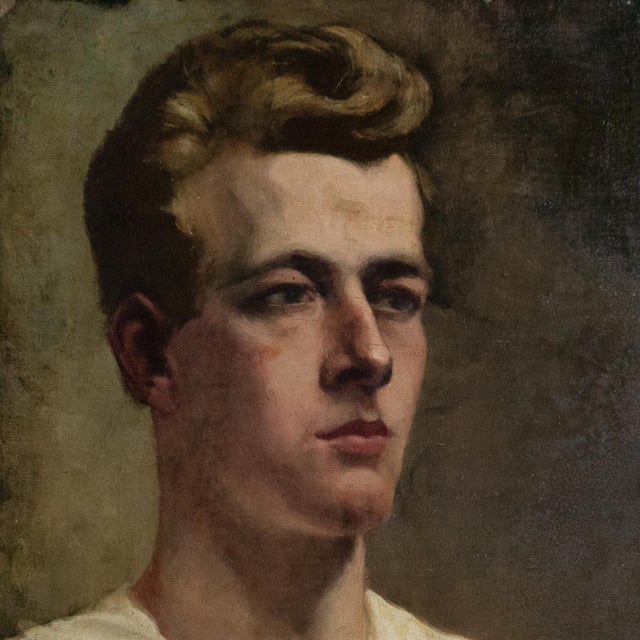 Captivating Portrait of a Man in a White Shirt, Vintage Original Oil Painting, C. 1930s For Sale - Image 4 of 10