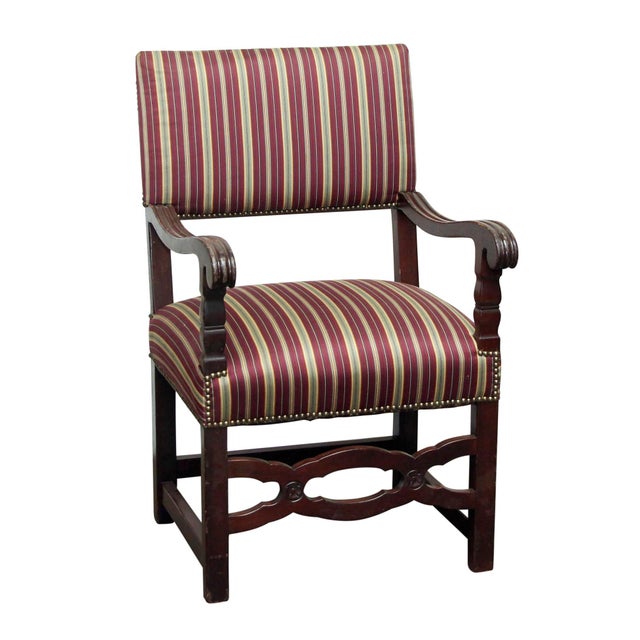 Multi colored striped chairs with dark wooden frame and bottom floral carvings. Some wear in the wood from age and use....