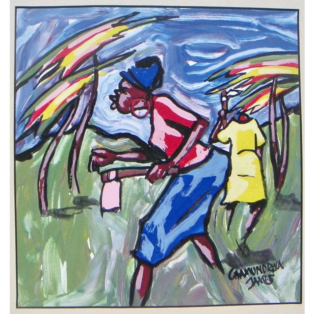 Cutting Grass, acrylic on card stock by James Chamunorwa [signed l.r.], late 1980s. Image size: 8 x 9" displayed in mat...