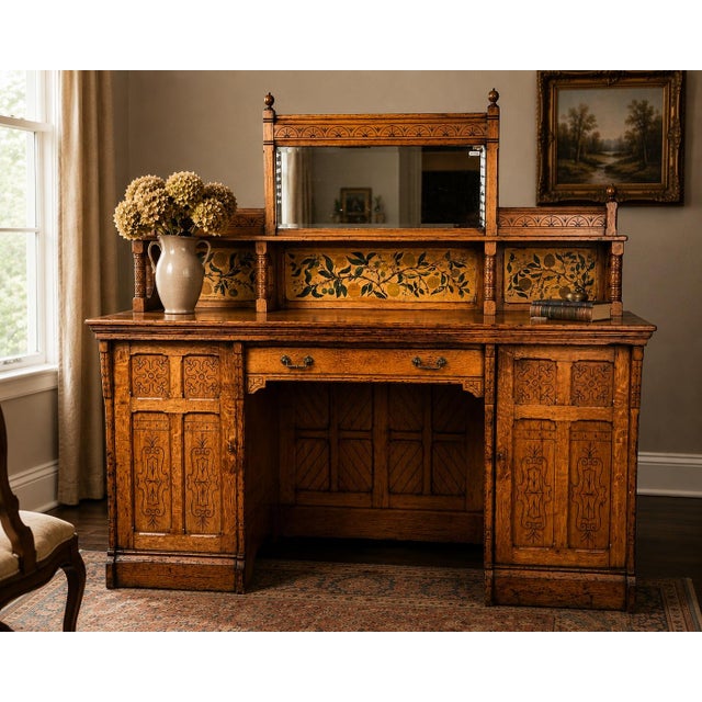 This remarkable antique Victorian Aesthetic Movement oak desk dates to the late 19th century and is a wonderful example of...