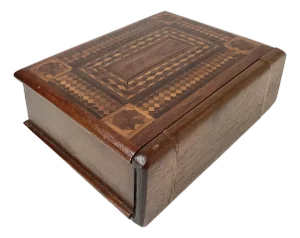 Antique Folk Art Tramp Art Marquetry Wood Book Box Signed