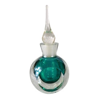 Teal Green Cased in Clear Art Glass Perfume Bottle For Sale