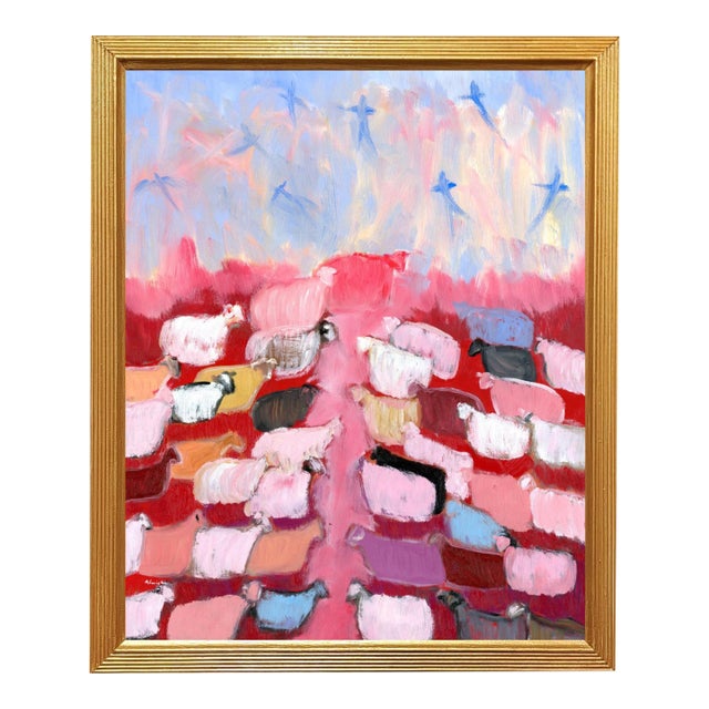 Sheep, Angels, Birds II, Vintage Style Mid Century Modern Oil Painting by Alexandra Swistak For Sale