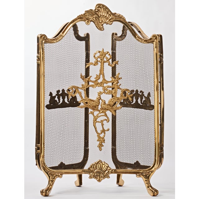 Vintage Louis XV Style Solid Brass Three Panel Fire Screen For Sale - Image 4 of 4
