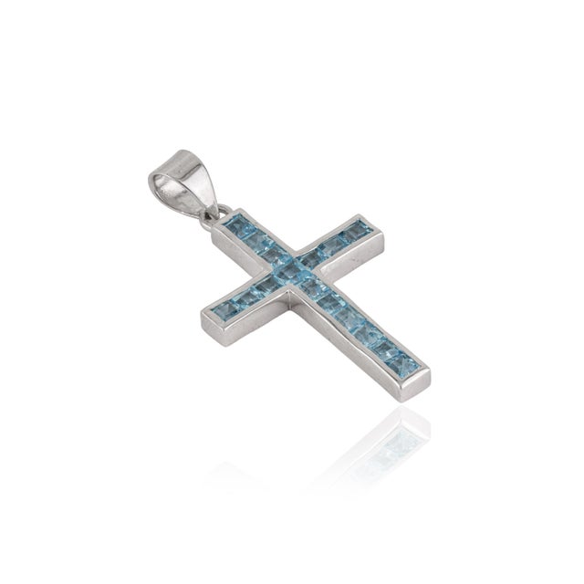 Contemporary Handcrafted Modern Style Natural 3.09 Ct Sky Blue Topaz & Sterling Silver Cross Pendant For Sale - Image 3 of 12