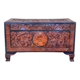 Antique Circa 1900 Hand Carved Chinese Camphor Wood Travelling Trunk For Sale