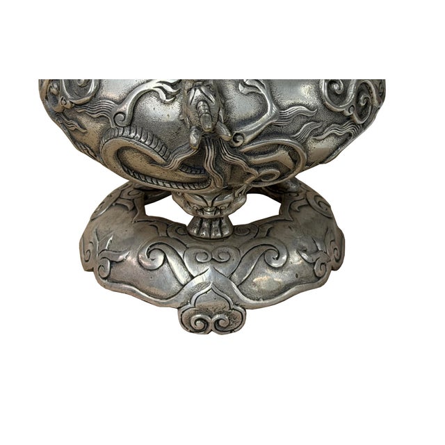 Chinese Silver Color Round Dragon Theme Incense Burner Display Art For Sale - Image 13 of 18