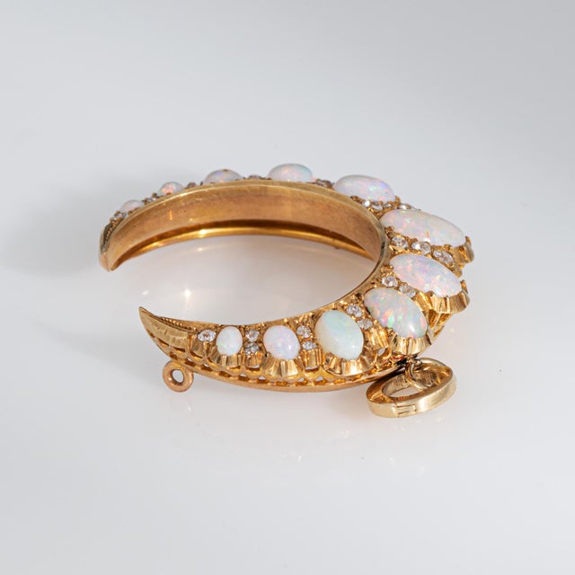 Victorian ​Antique Victorian Crescent Moon Pendant Opal Diamond 15k Gold Celestial Jewelry For Sale - Image 3 of 4