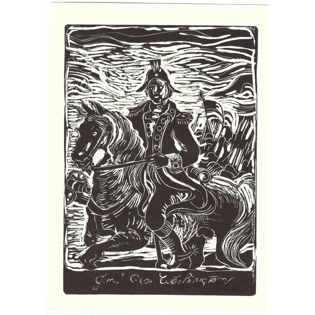 1976 linocut of "General George Washington." Unsigned and printed on the back of type printed material. Combined shipping...