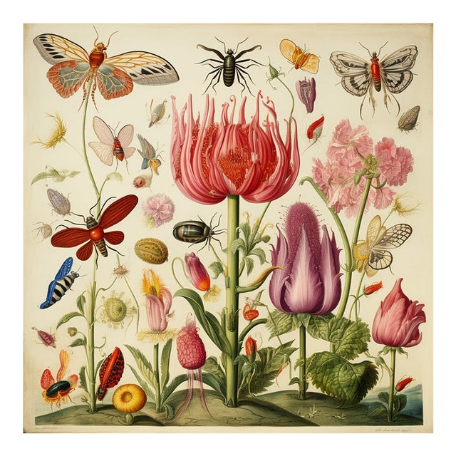 18" X 18" 'Insects and Flowers' Botanical Print, Unframed For Sale