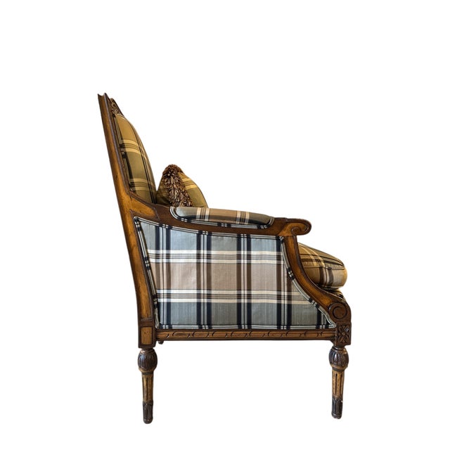 Beautiful silk blend upholstered French Style Club Chair. This chair has Classic lines, wonderful construction, and nicely...