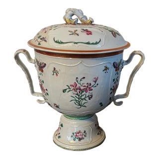 Antique 18th Century Chinese Export Famille Rose Porcelain Trophy Cup or Urn With Handles & Cover Butterflies & Flowers Circa 1790 For Sale
