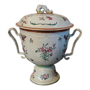 Antique 18th Century Chinese Export Famille Rose Porcelain Trophy Cup or Urn With Handles & Cover Butterflies & Flowers Circa 1790