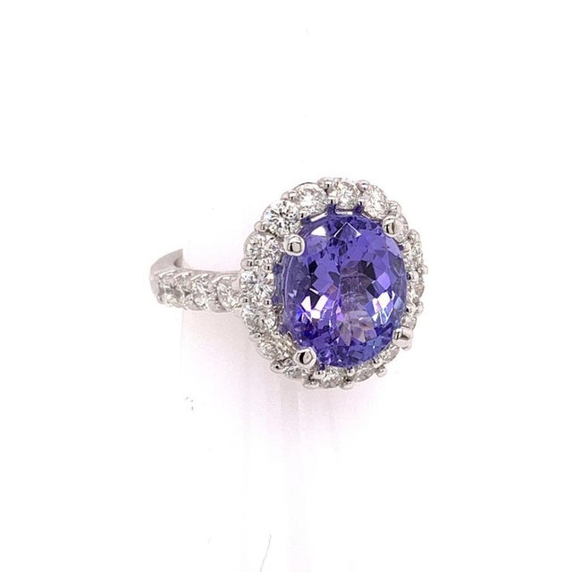 Metal Tanzanite Diamond Ring 14k White Gold 5.30 TCW Certified For Sale - Image 7 of 18