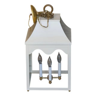Mid 20th Century White Painted Metal Lantern with Glass Panels and Pagoda Top, USA Wired For Sale