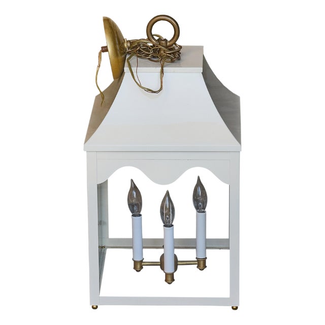 Mid 20th Century White Painted Metal Lantern with Glass Panels and Pagoda Top, USA Wired For Sale