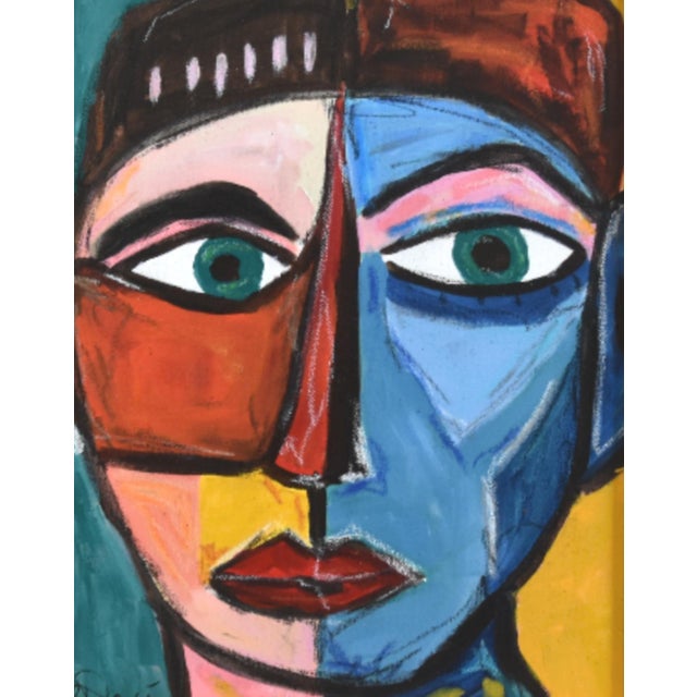 Abstract Bold Picasso Style Man Portrait Painting Including the Antiqued Gold Wood Frame For Sale - Image 3 of 5