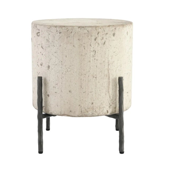 Modern round reclaimed pine wood side table on hand hammered iron base. Antiqued distressed white finish on wood. Each...